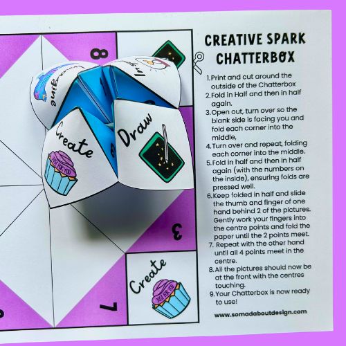 Creative Spark Chatterbox printable shown flat and folded, with fun art prompts for young creatives